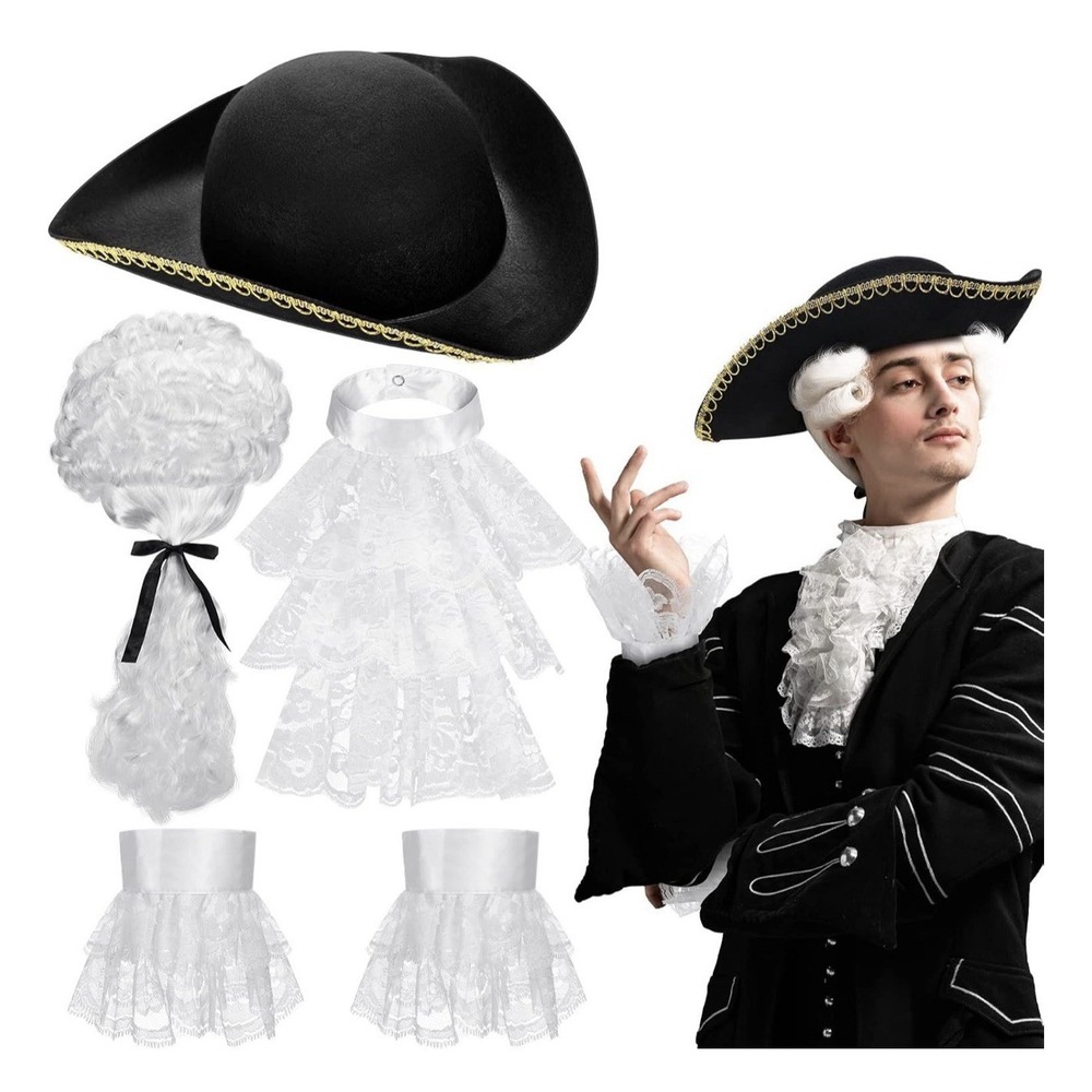 New Zhanmai Founding Fathers Colonial Costume Tricorn Hat White Wig Lace Cuffs - Picture 1 of 12